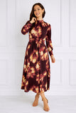 8Pcs Burgundy Tie-Dye Print Pleated Skirt Maxi Dress