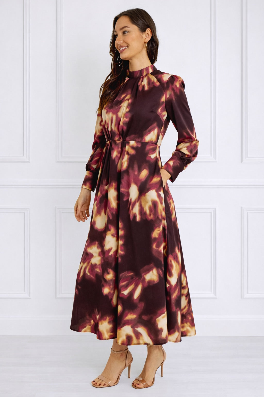 8Pcs Burgundy Tie-Dye Print Pleated Skirt Maxi Dress
