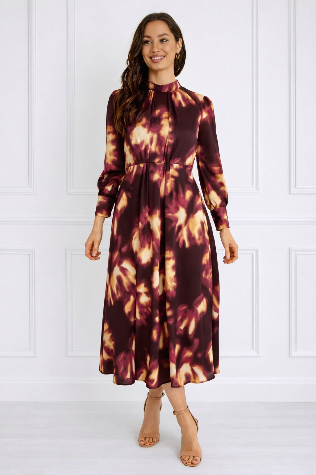 8Pcs Burgundy Tie-Dye Print Pleated Skirt Maxi Dress