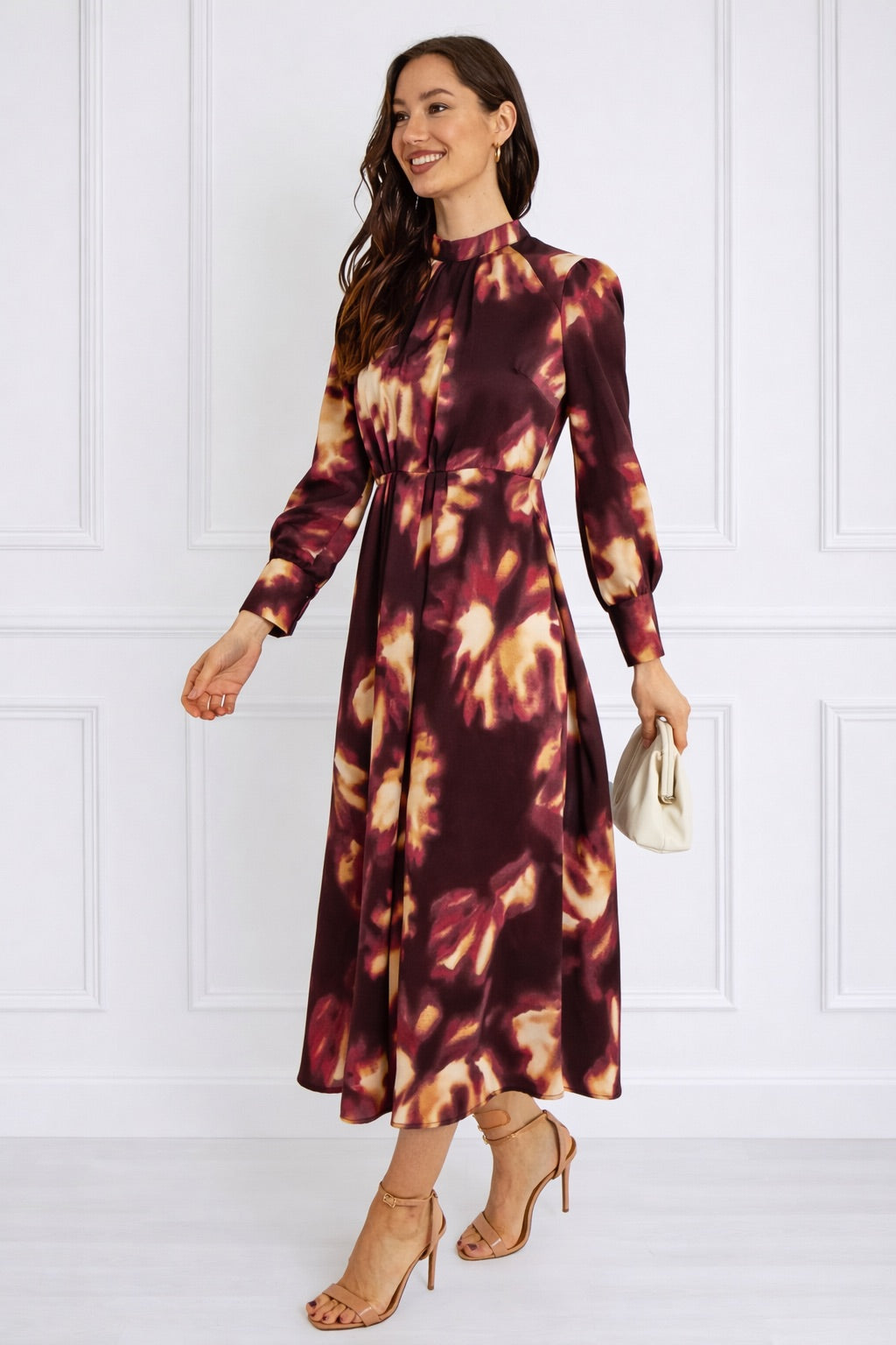 8Pcs Burgundy Tie-Dye Print Pleated Skirt Maxi Dress