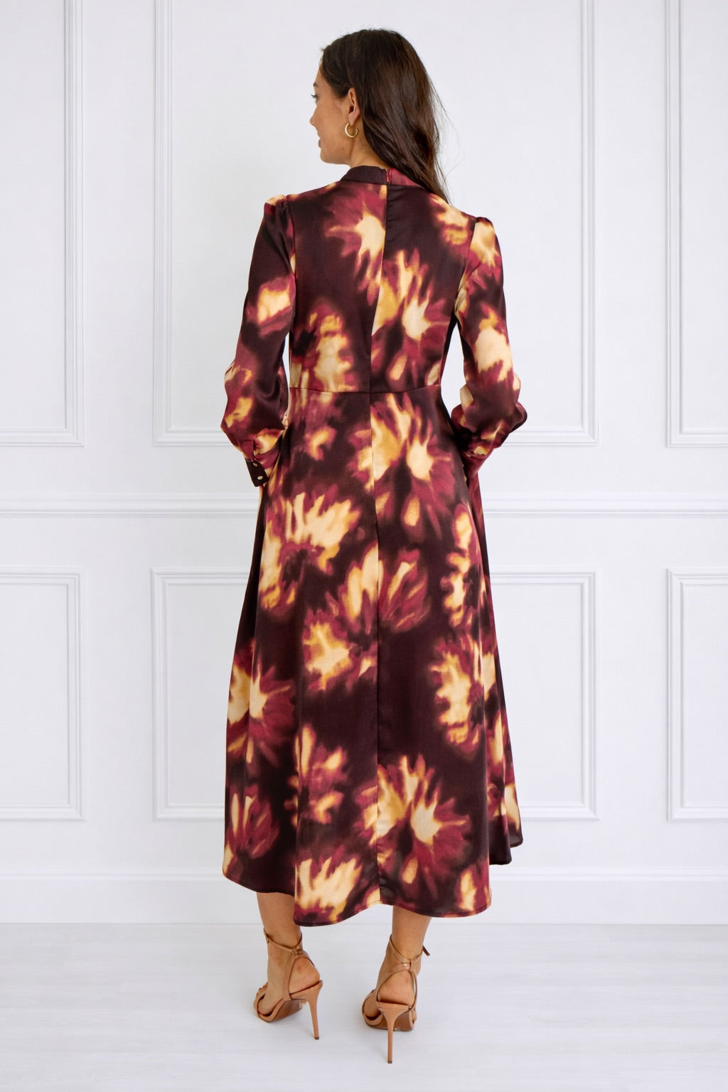 8Pcs Burgundy Tie-Dye Print Pleated Skirt Maxi Dress