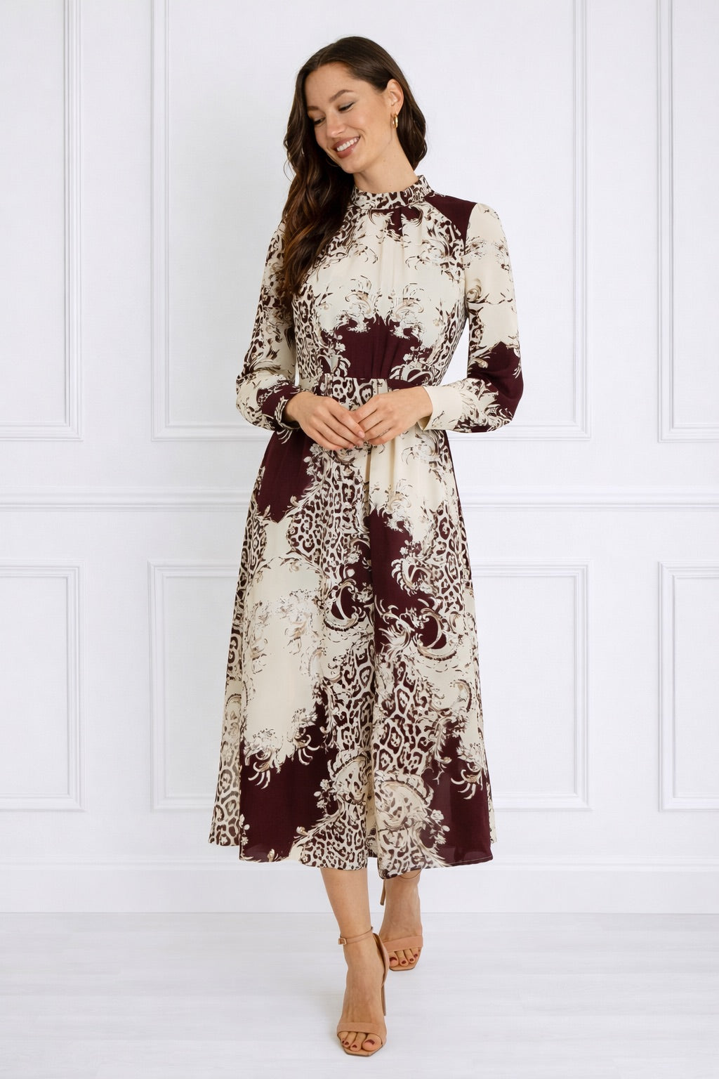 8Pcs Burgundy and Cream Baroque Print Pleated Skirt Maxi Dress
