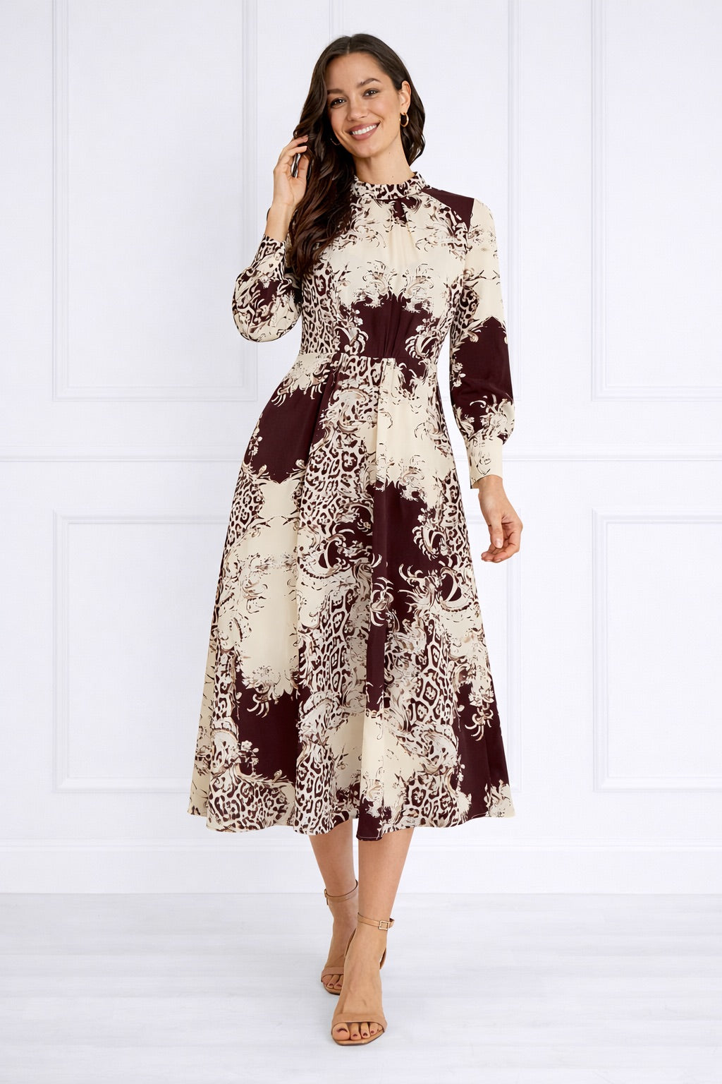 8Pcs Burgundy and Cream Baroque Print Pleated Skirt Maxi Dress