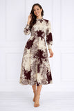 8Pcs Burgundy and Cream Baroque Print Pleated Skirt Maxi Dress