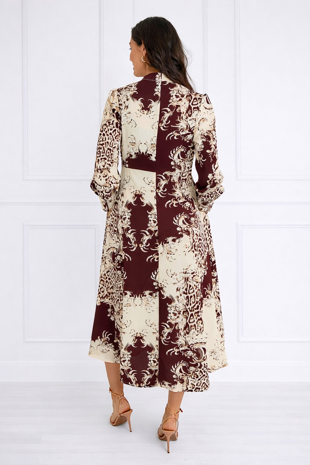 8Pcs Burgundy and Cream Baroque Print Pleated Skirt Maxi Dress
