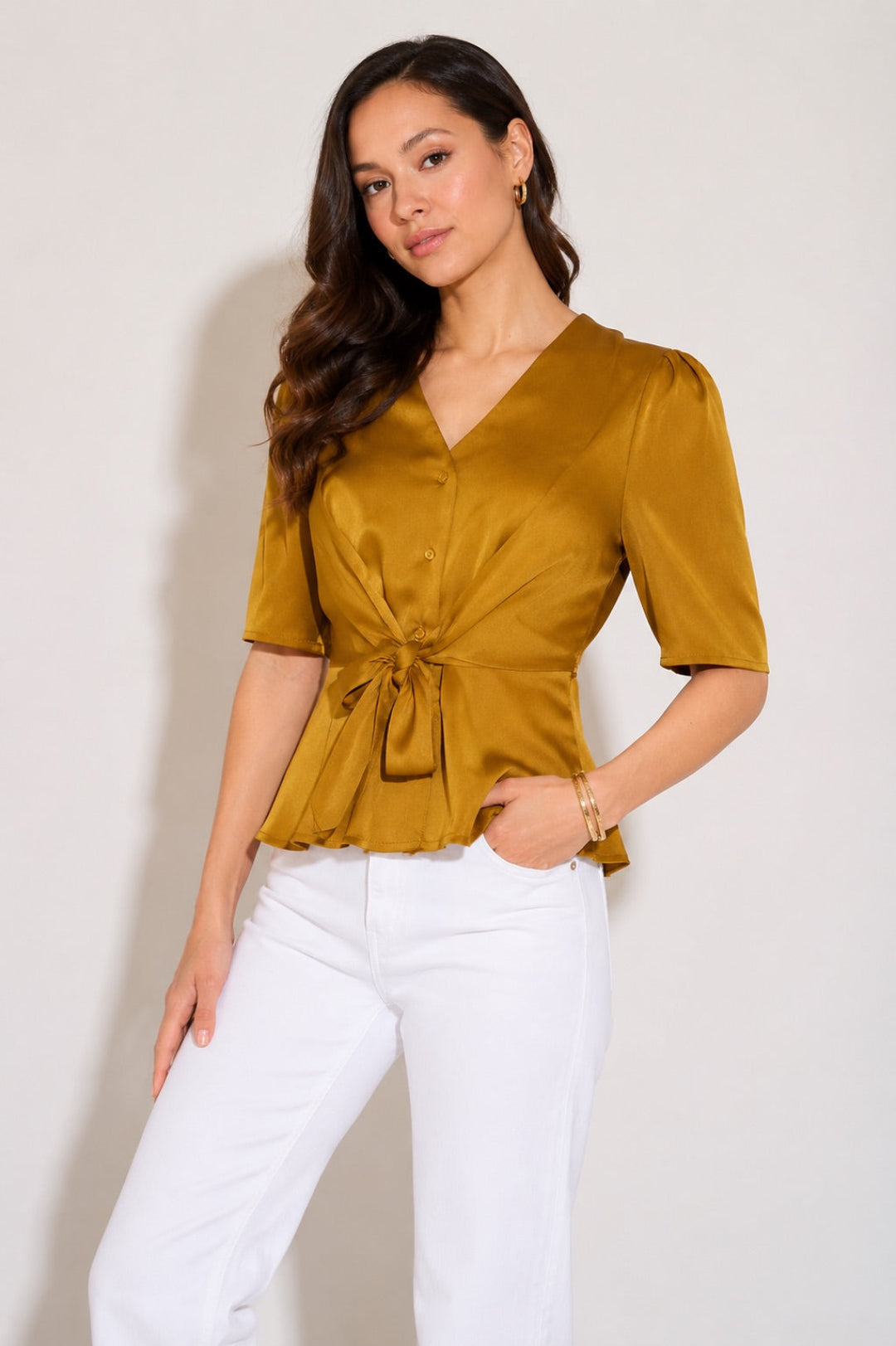 8Pcs Olive Satin Tie Front Short Sleeve Top