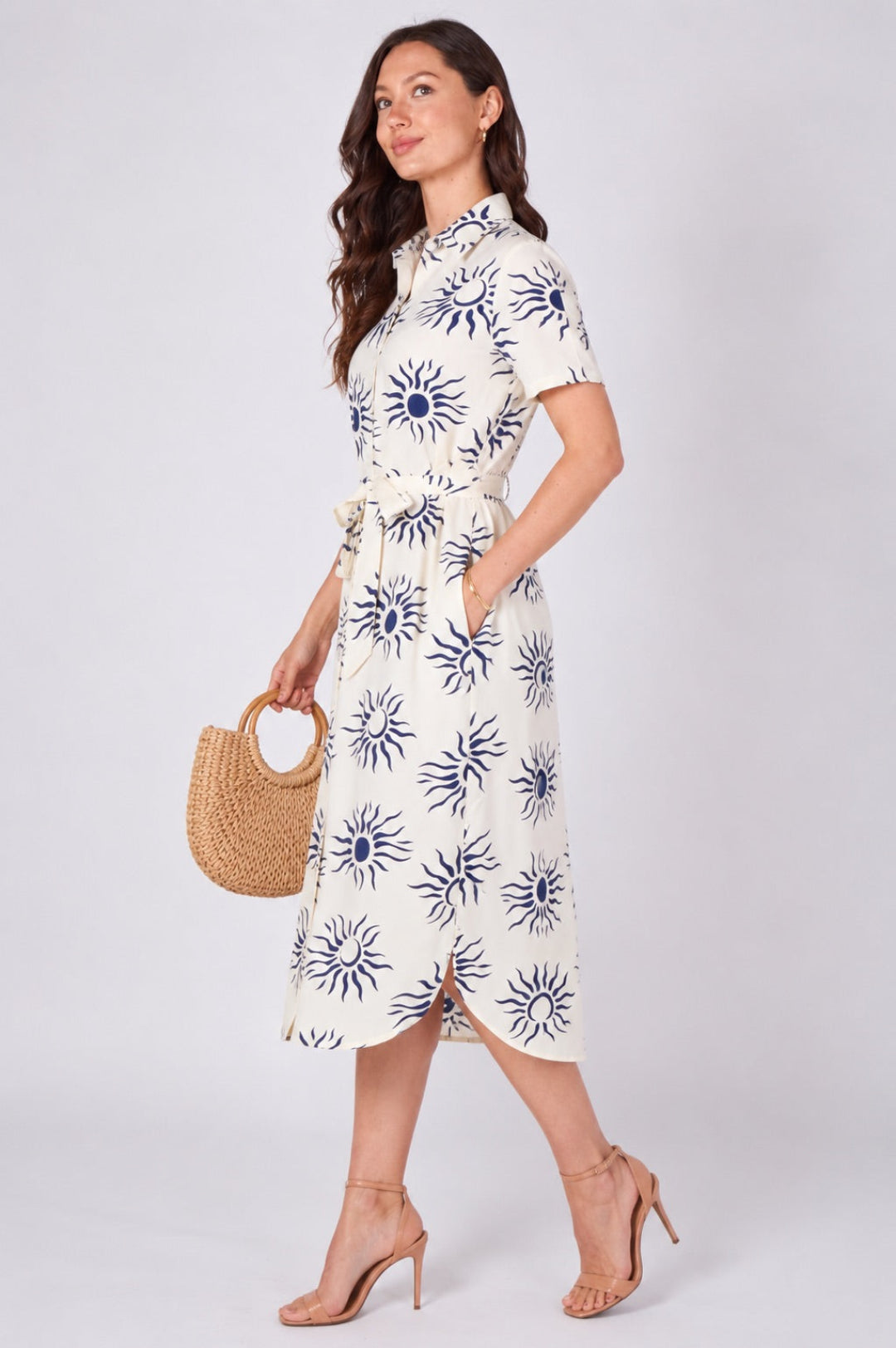 8Pcs Cream Sun Print Shor Sleeve Midi Shirt Dress