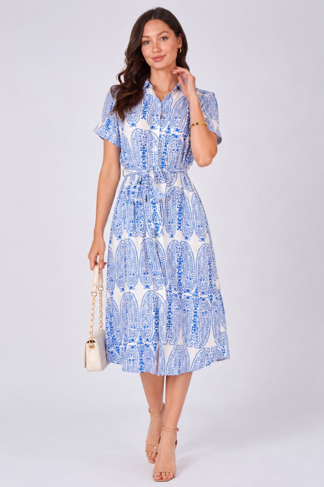 8Pcs Blue Paisley Print Midi Shirt Dress