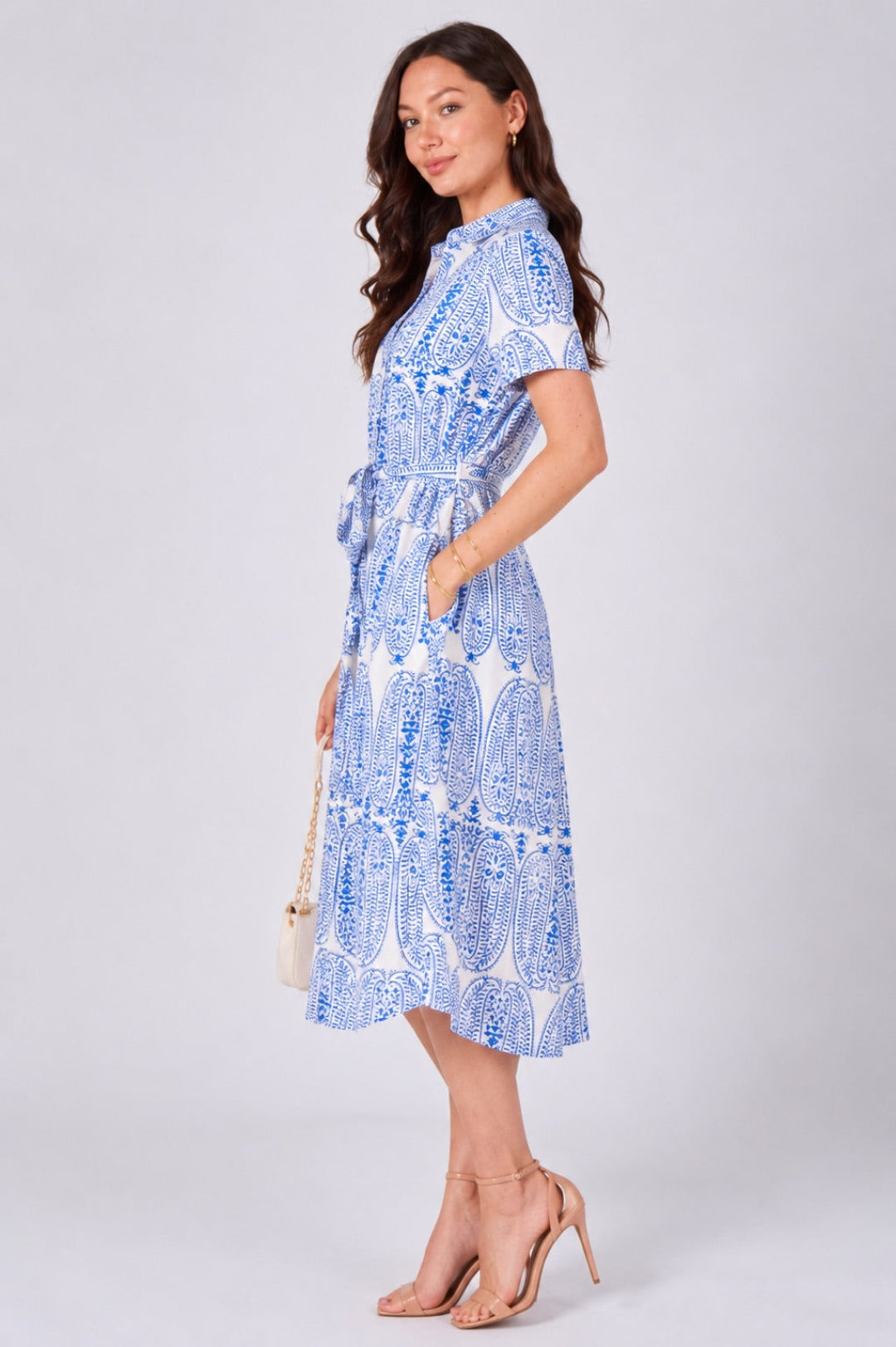 8Pcs Blue Paisley Print Midi Shirt Dress