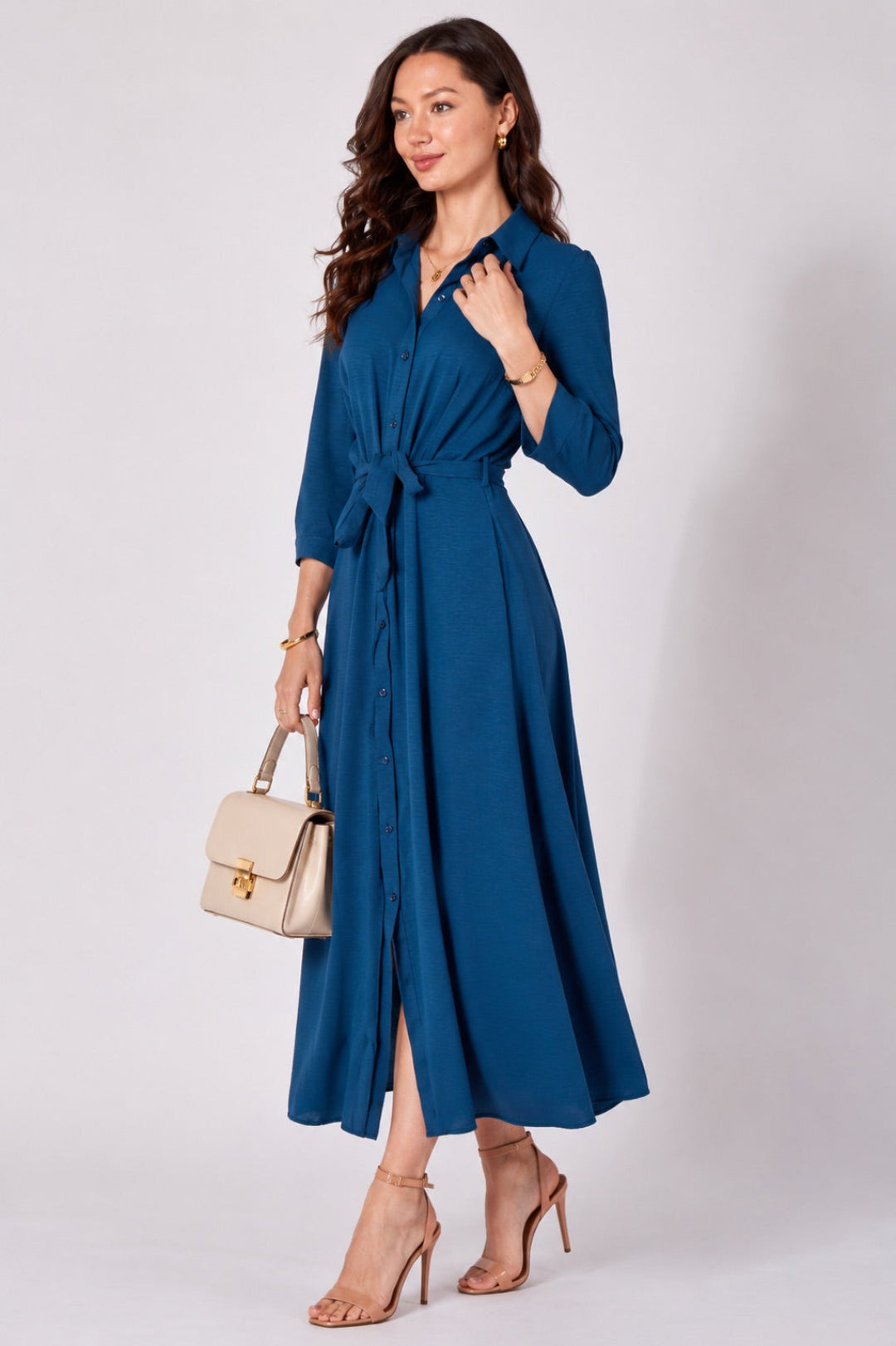 8Pcs Teal Button Front Belted Maxi Shirt Dress
