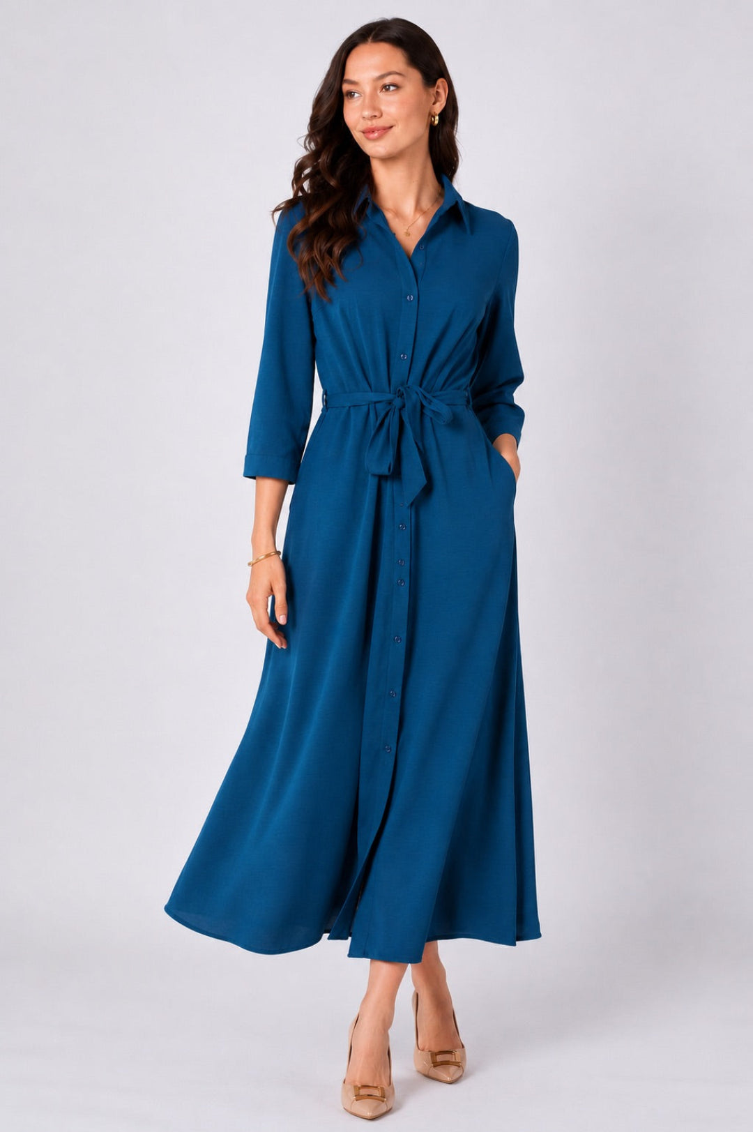 8Pcs Teal Button Front Belted Maxi Shirt Dress