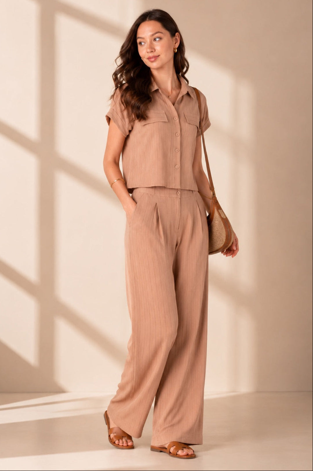 8Pcs Beige Pinstripe Shirt and Trousers set