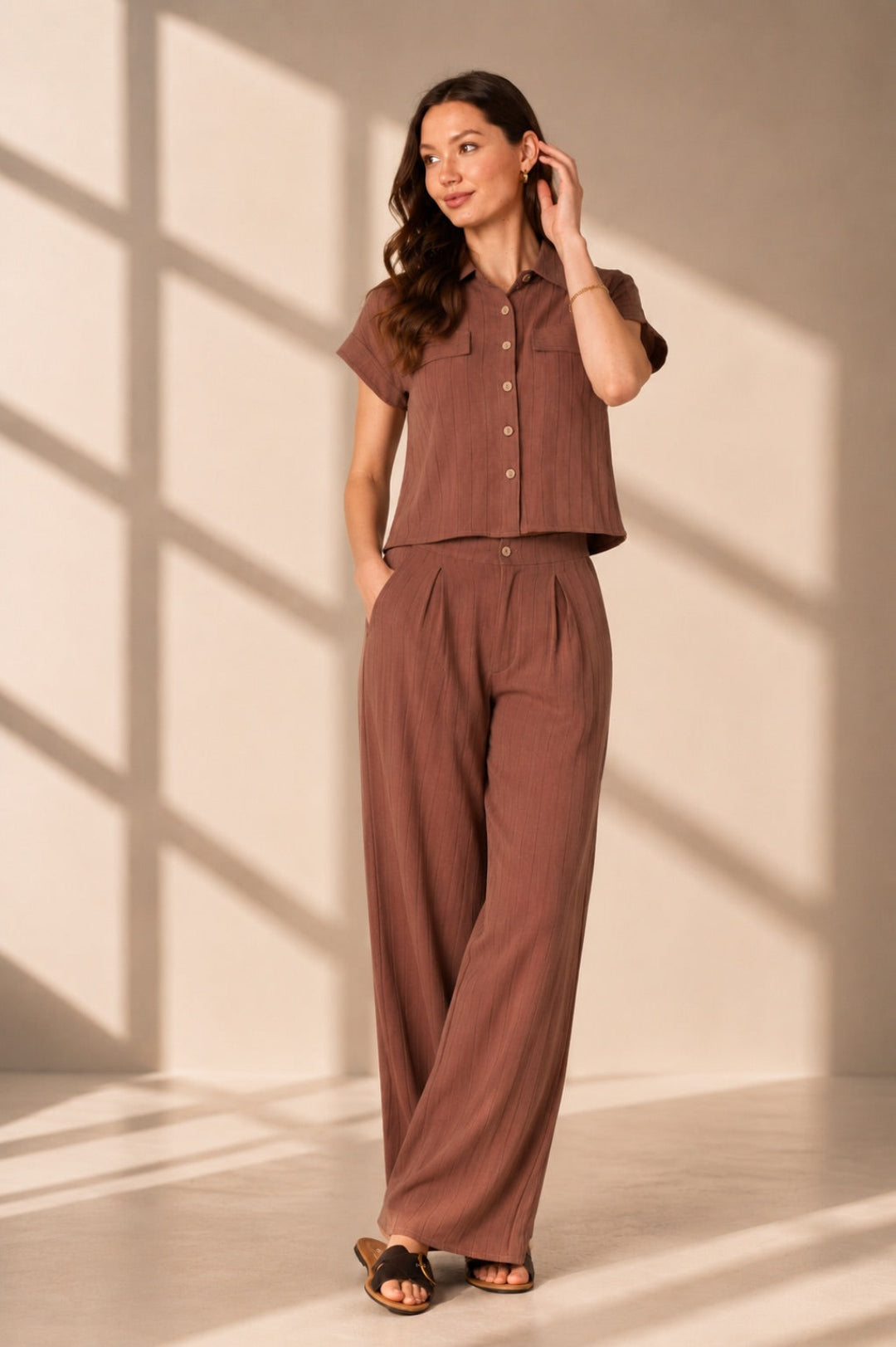 8Pcs Brown Pinstripe Shirt and Trousers set