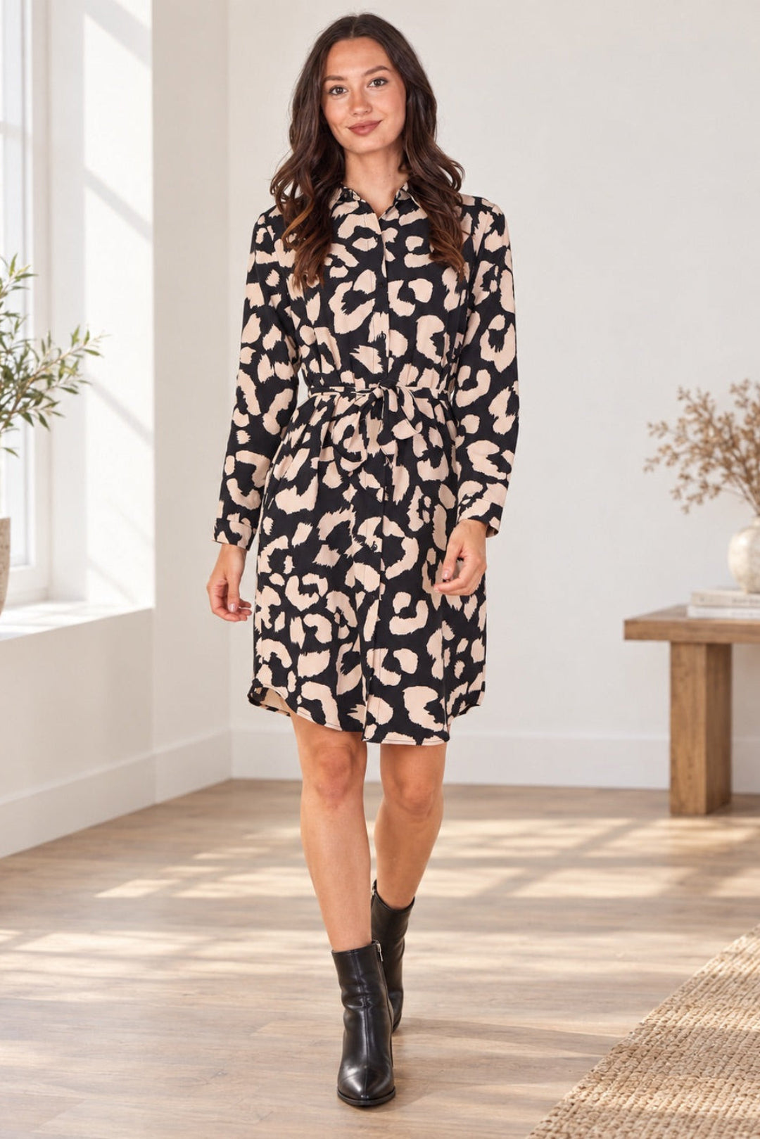 Love Sunshine Black Leopard Print Mini Shirt Dress Brunch Dress Casual Dress Dress with Pockets Dresses Everyday Dress Leopard Print Dress Long Sleeve Dress LS-5026 Workwear Dress