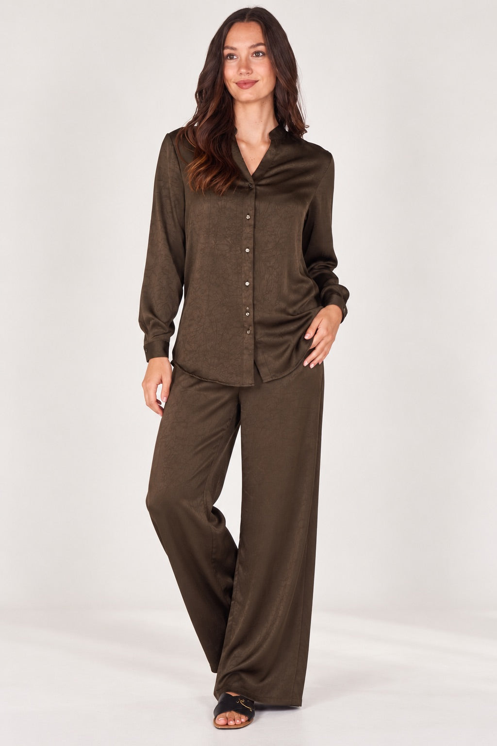 Love Sunshine Khaki Satin Cowl Neck Shirt & Wide Leg Trouser Co-ord Set Co ord sets LS-5002 LS-5002&9057 LS-9057