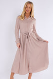 8Pcs Champagne Layered Satin Long Sleeve Maxi Shirt Dress
