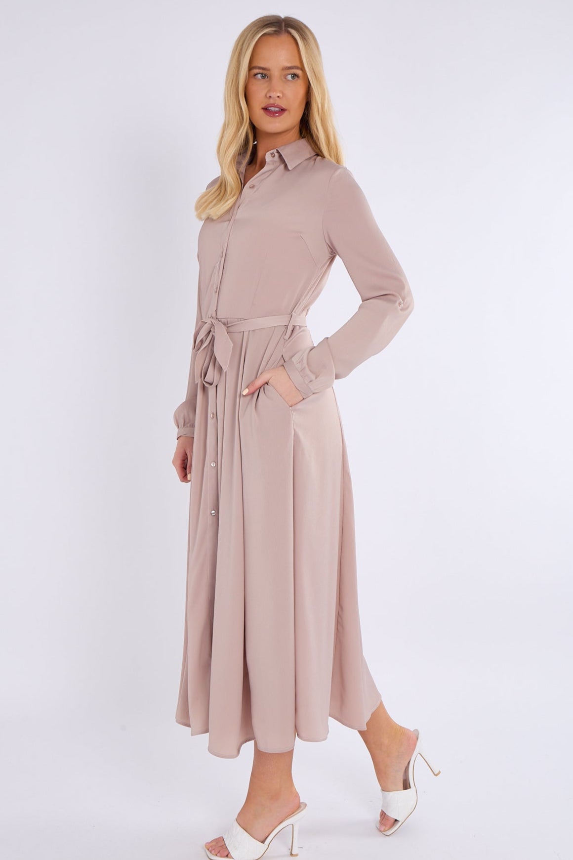 8Pcs Champagne Layered Satin Long Sleeve Maxi Shirt Dress
