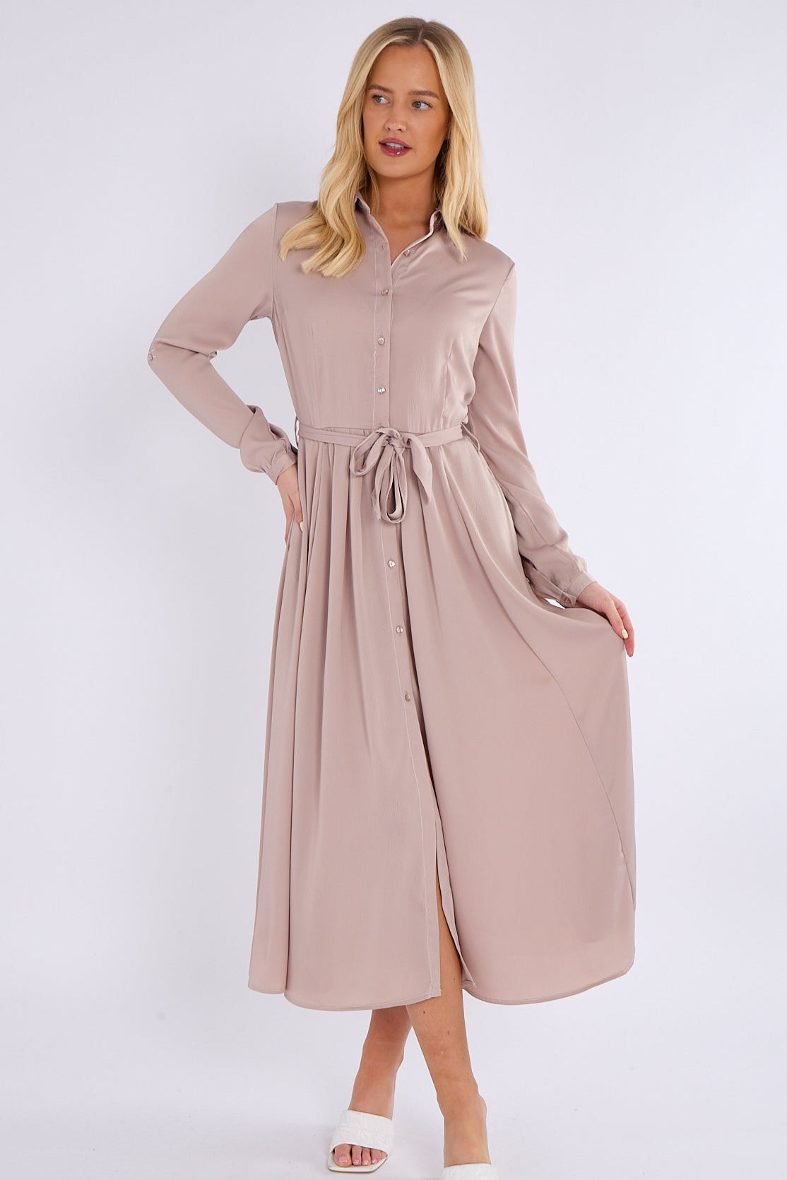 8Pcs Champagne Layered Satin Long Sleeve Maxi Shirt Dress