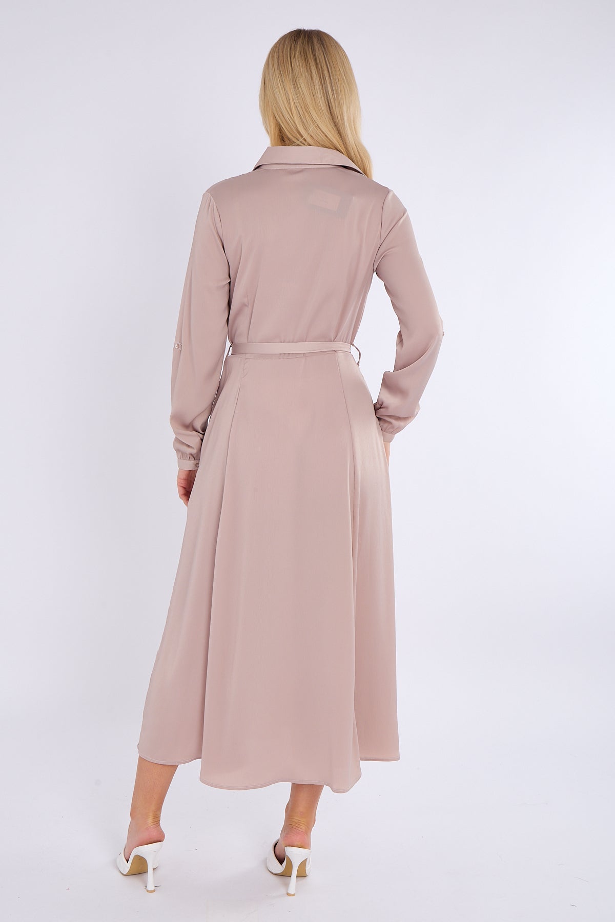 8Pcs Champagne Layered Satin Long Sleeve Maxi Shirt Dress
