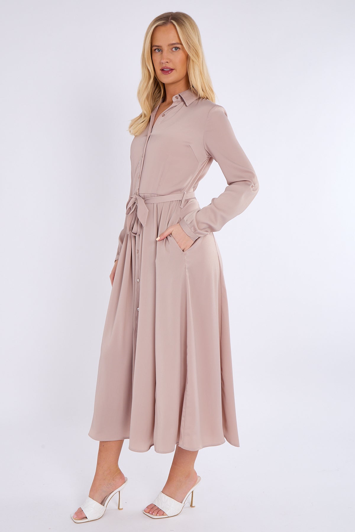 8Pcs Champagne Layered Satin Long Sleeve Maxi Shirt Dress