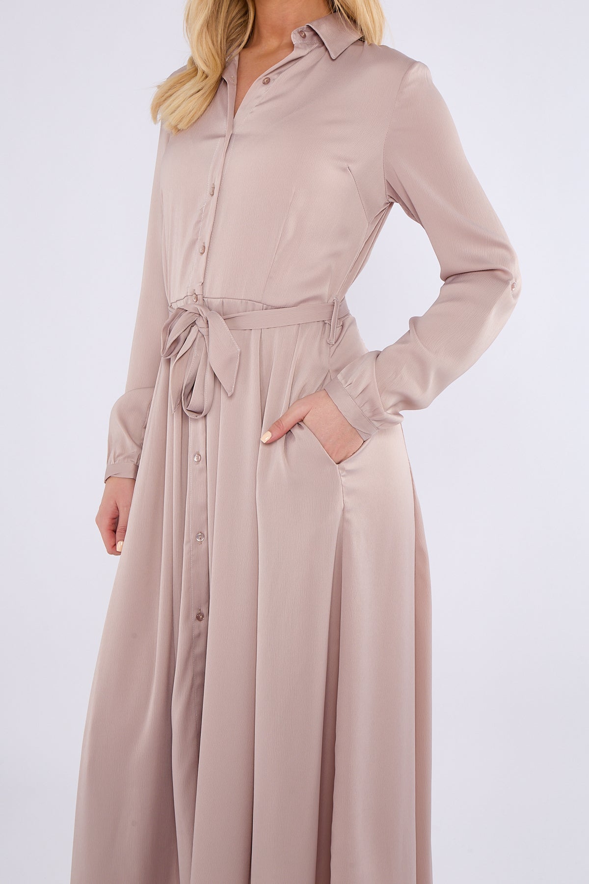 8Pcs Champagne Layered Satin Long Sleeve Maxi Shirt Dress