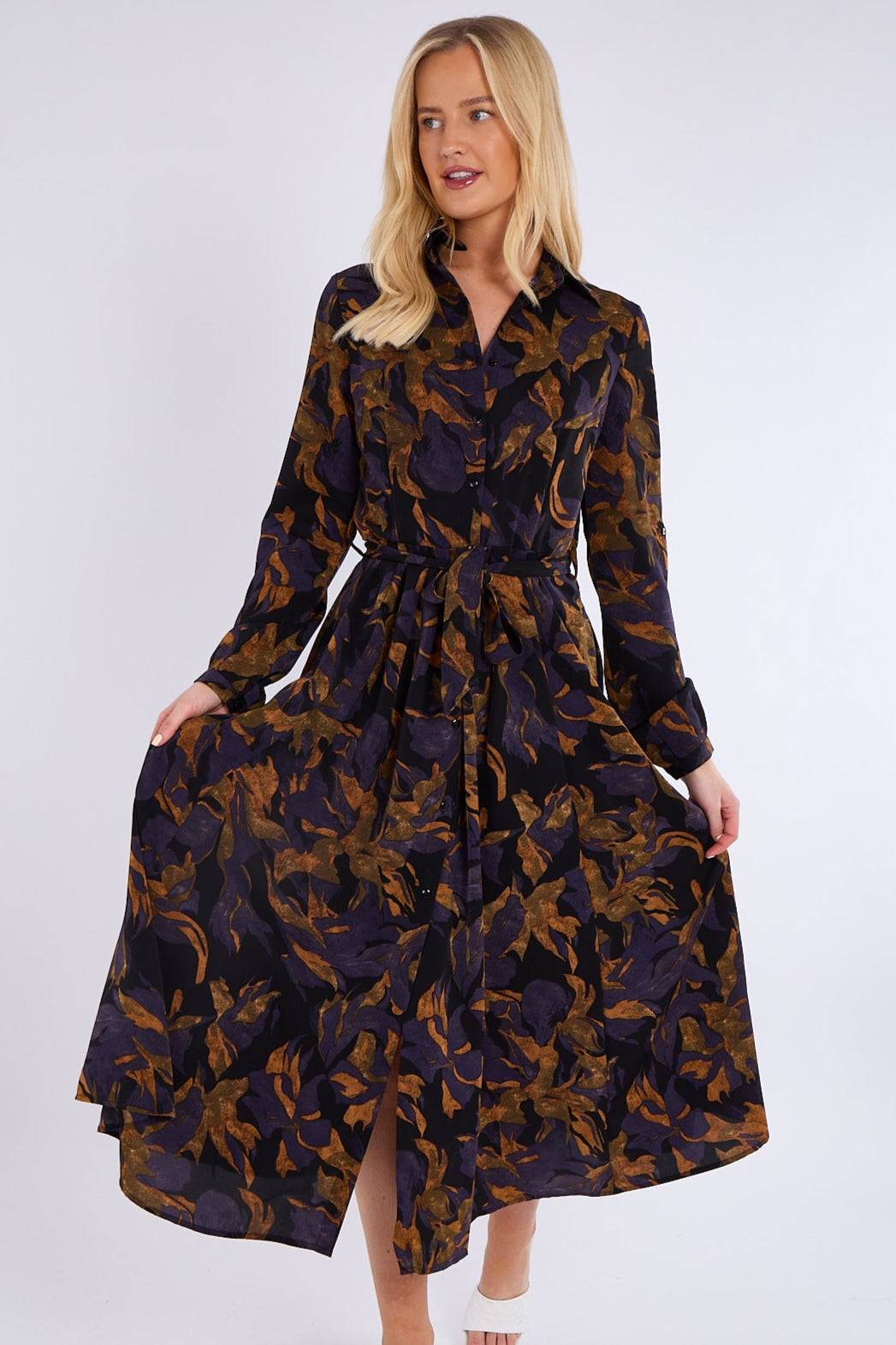 8Pcs Purple Bronze Abstract Print Midaxi Shirt Dress