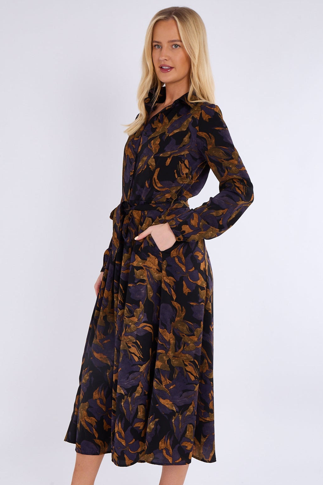 8Pcs Purple Bronze Abstract Print Midaxi Shirt Dress
