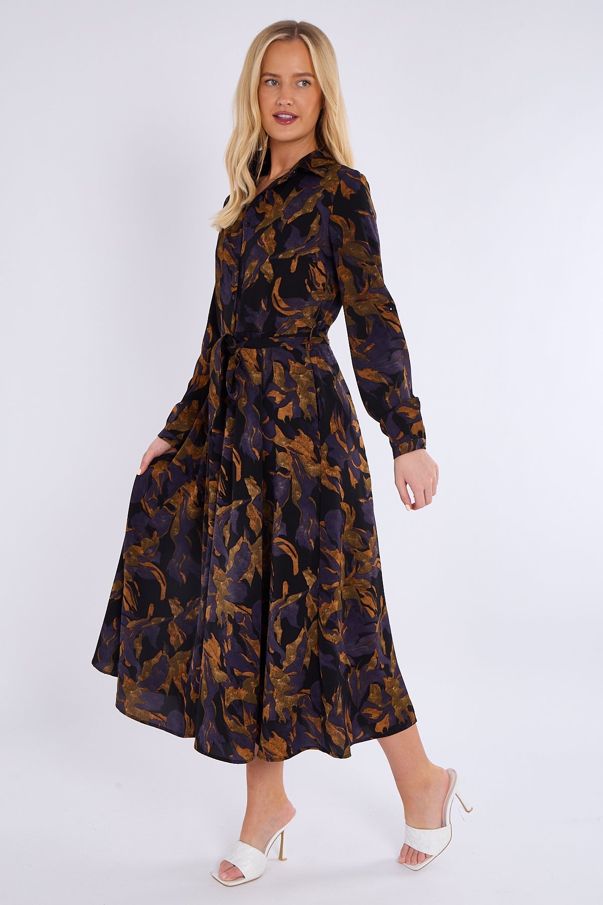 8Pcs Purple Bronze Abstract Print Midaxi Shirt Dress