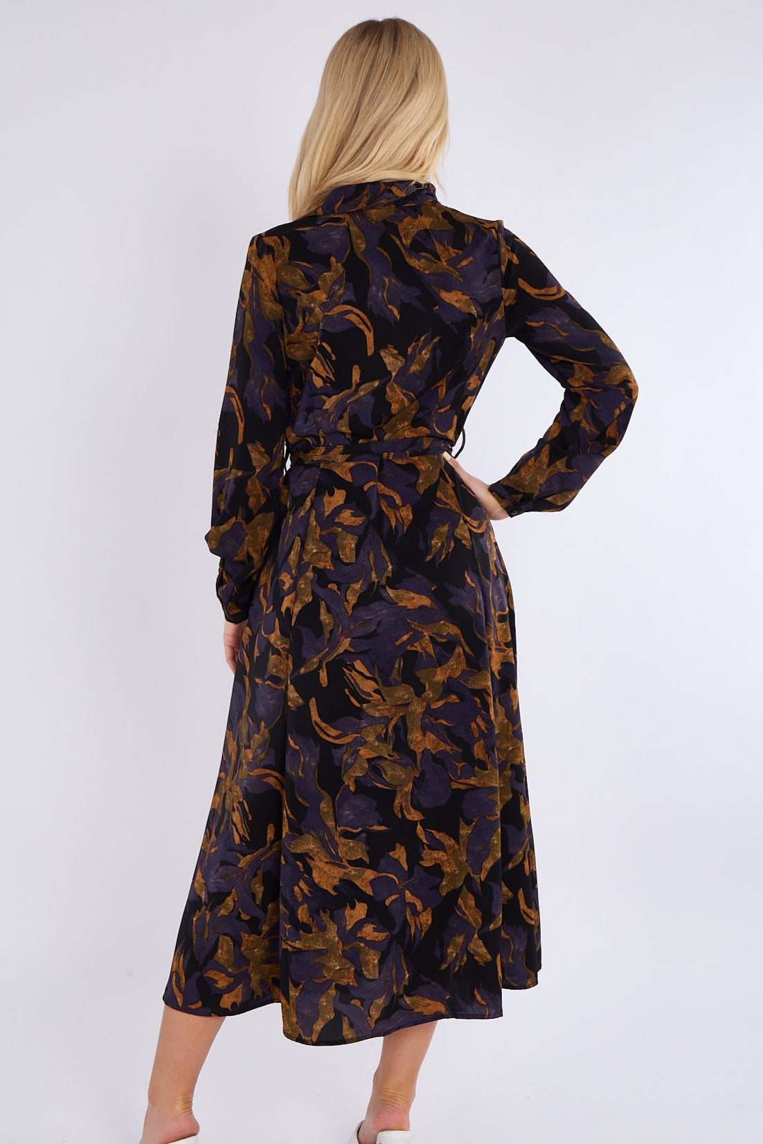 8Pcs Purple Bronze Abstract Print Midaxi Shirt Dress