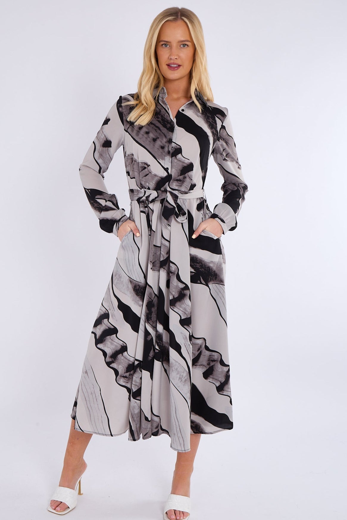 8Pcs Black and Grey Abstract Print Midaxi Shirt Dress