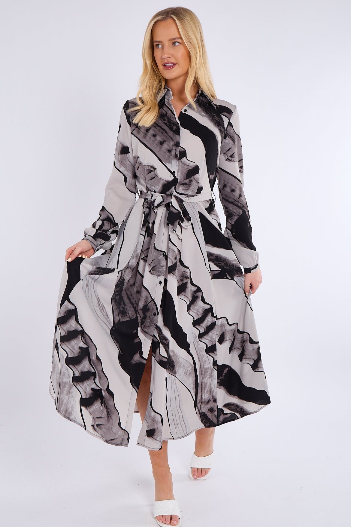 8Pcs Black and Grey Abstract Print Midaxi Shirt Dress