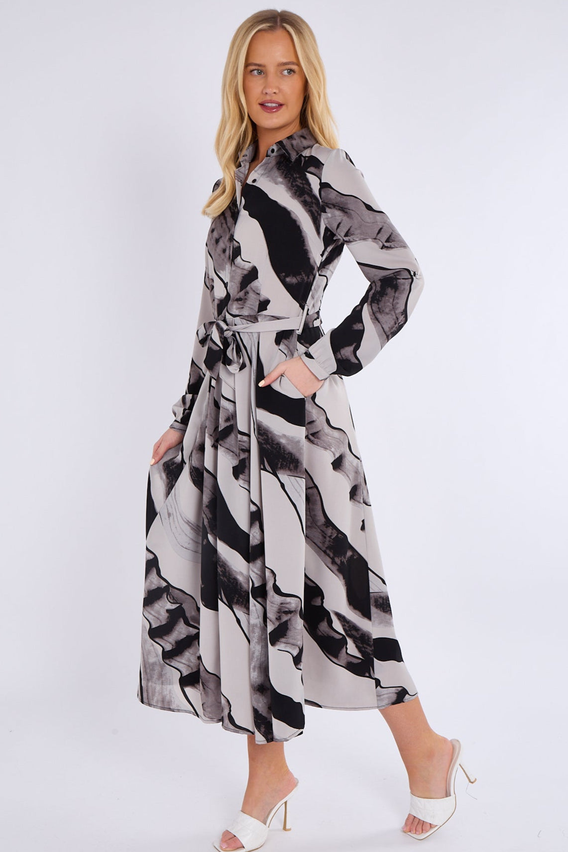 8Pcs Black and Grey Abstract Print Midaxi Shirt Dress