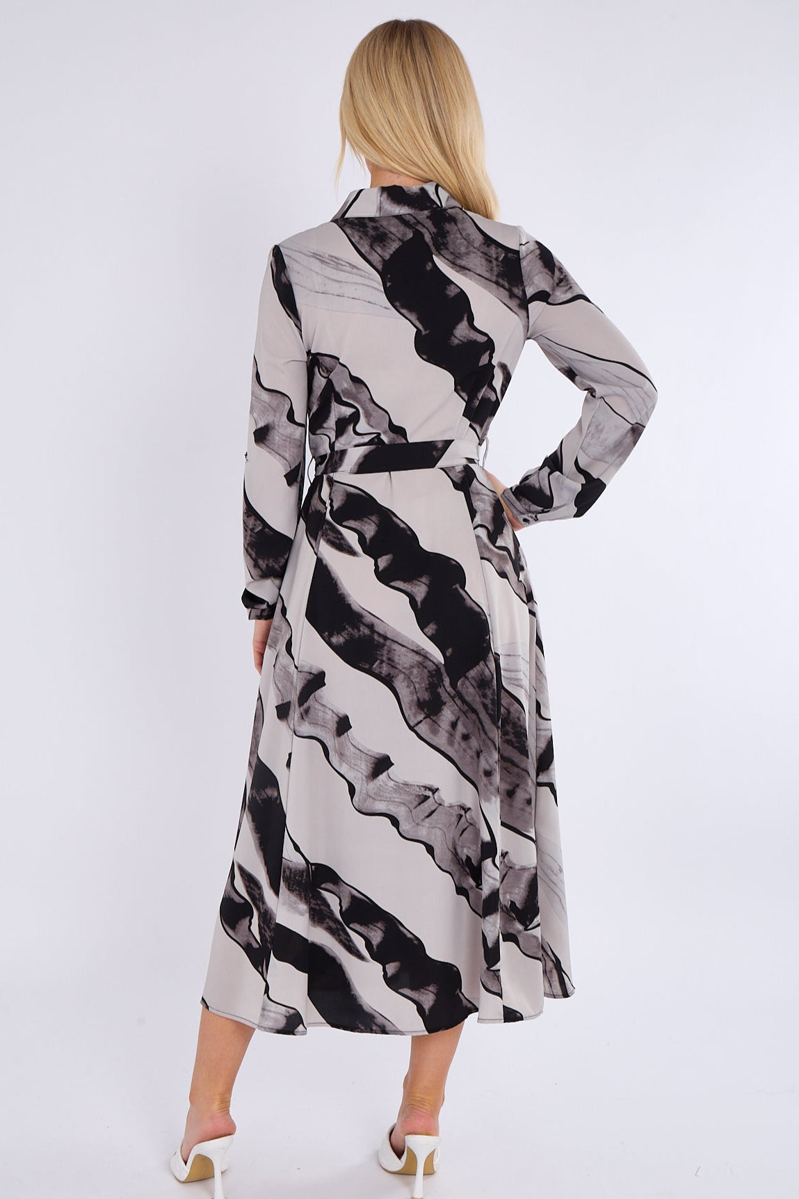 8Pcs Black and Grey Abstract Print Midaxi Shirt Dress