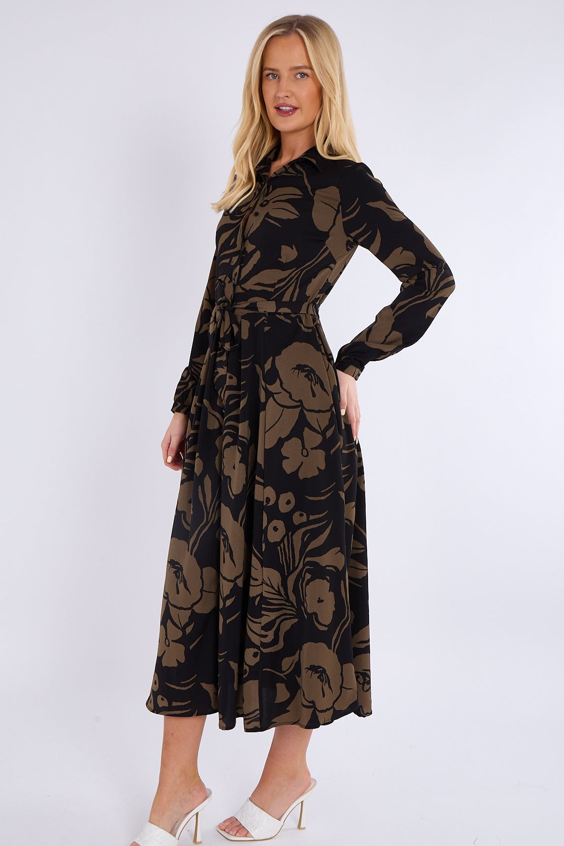 8Pcs Khaki Abstract Floral Print Midaxi Shirt Dress