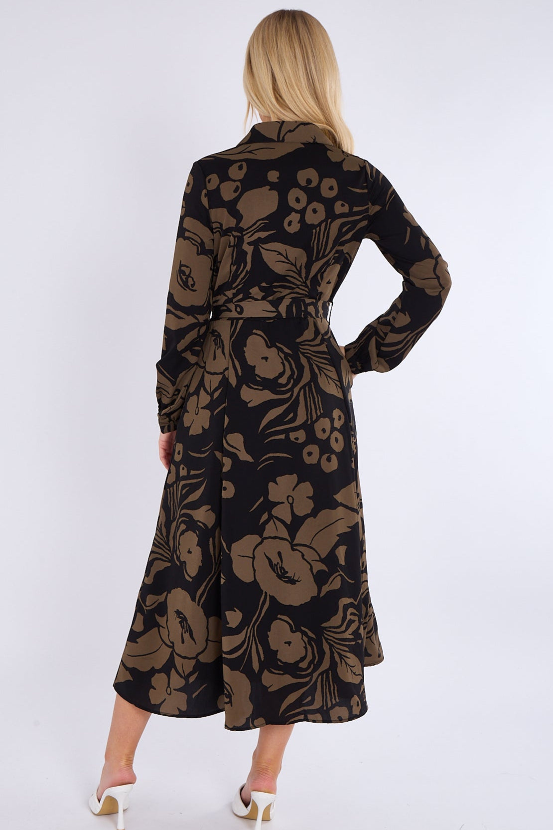 8Pcs Khaki Abstract Floral Print Midaxi Shirt Dress