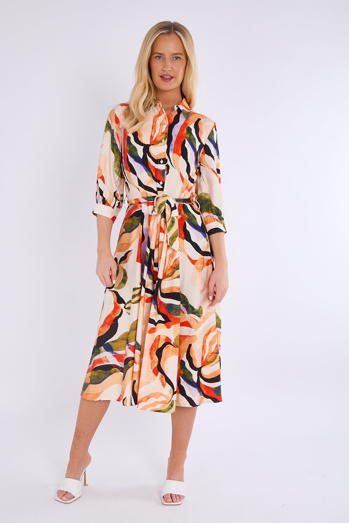 8Pcs Orange and Green Pattern Print Midi Shirt Dress