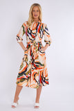 8Pcs Orange and Green Pattern Print Midi Shirt Dress