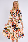 8Pcs Orange and Green Pattern Print Midi Shirt Dress