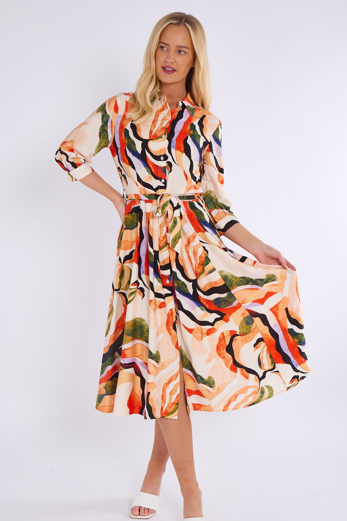 8Pcs Orange and Green Pattern Print Midi Shirt Dress