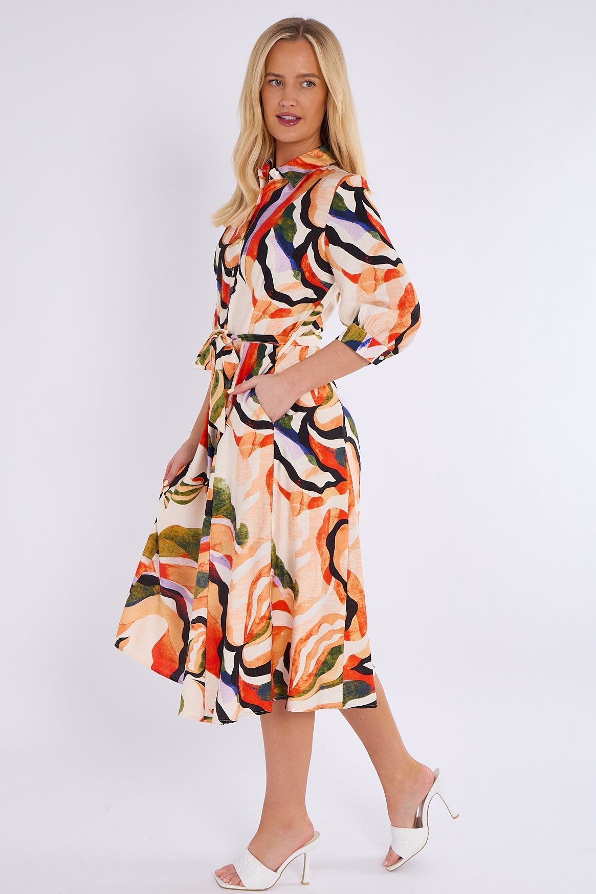 8Pcs Orange and Green Pattern Print Midi Shirt Dress