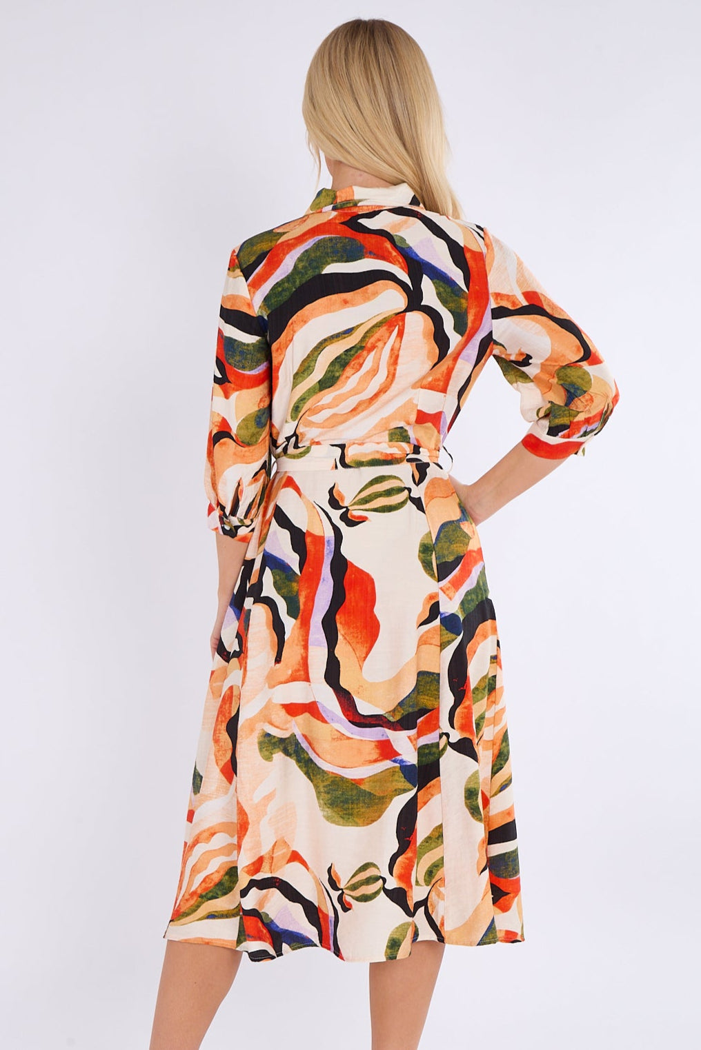 8Pcs Orange and Green Pattern Print Midi Shirt Dress