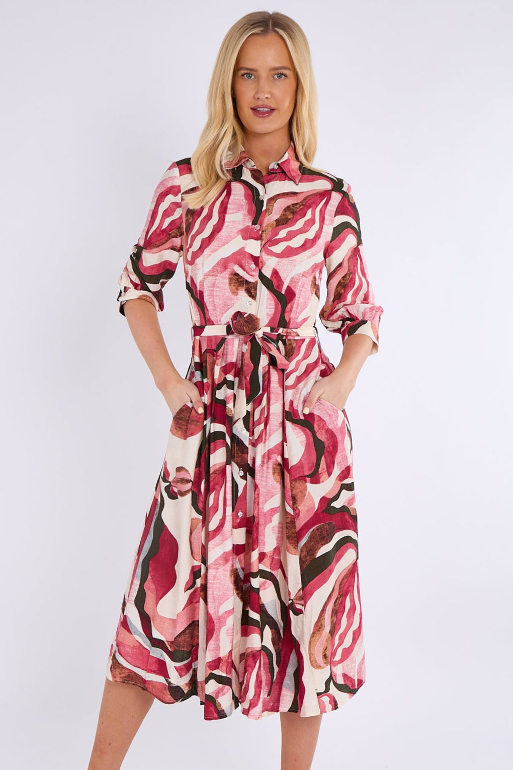 8Pcs Berry and Pink Pattern Print Midi Shirt Dress