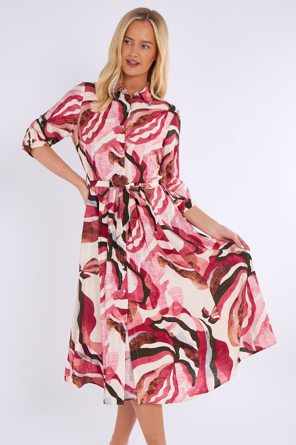 8Pcs Berry and Pink Pattern Print Midi Shirt Dress