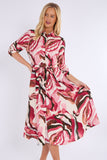 8Pcs Berry and Pink Pattern Print Midi Shirt Dress