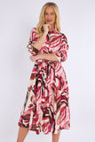 8Pcs Berry and Pink Pattern Print Midi Shirt Dress