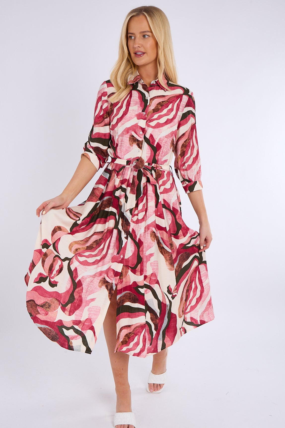 8Pcs Berry and Pink Pattern Print Midi Shirt Dress