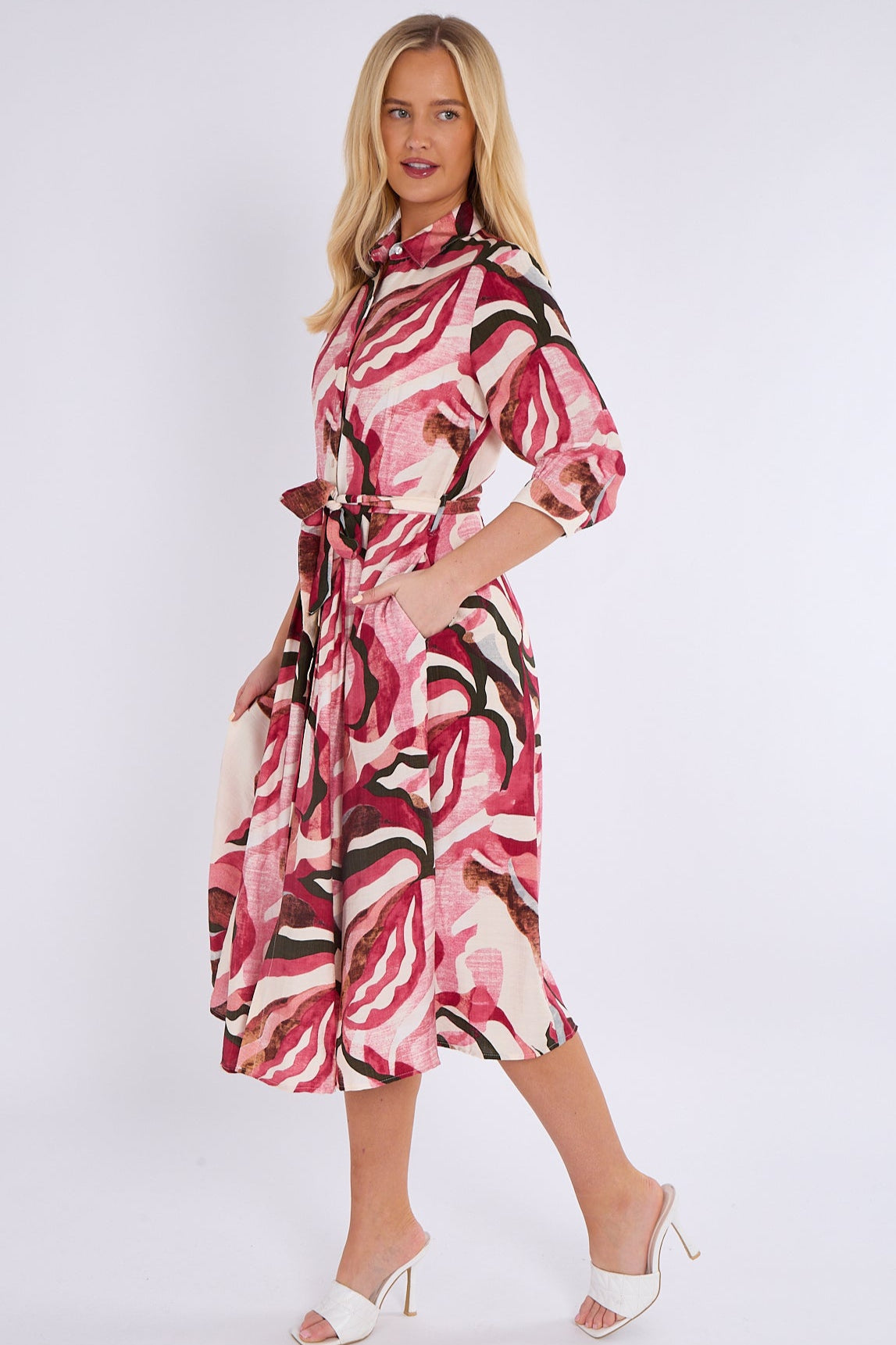 8Pcs Berry and Pink Pattern Print Midi Shirt Dress