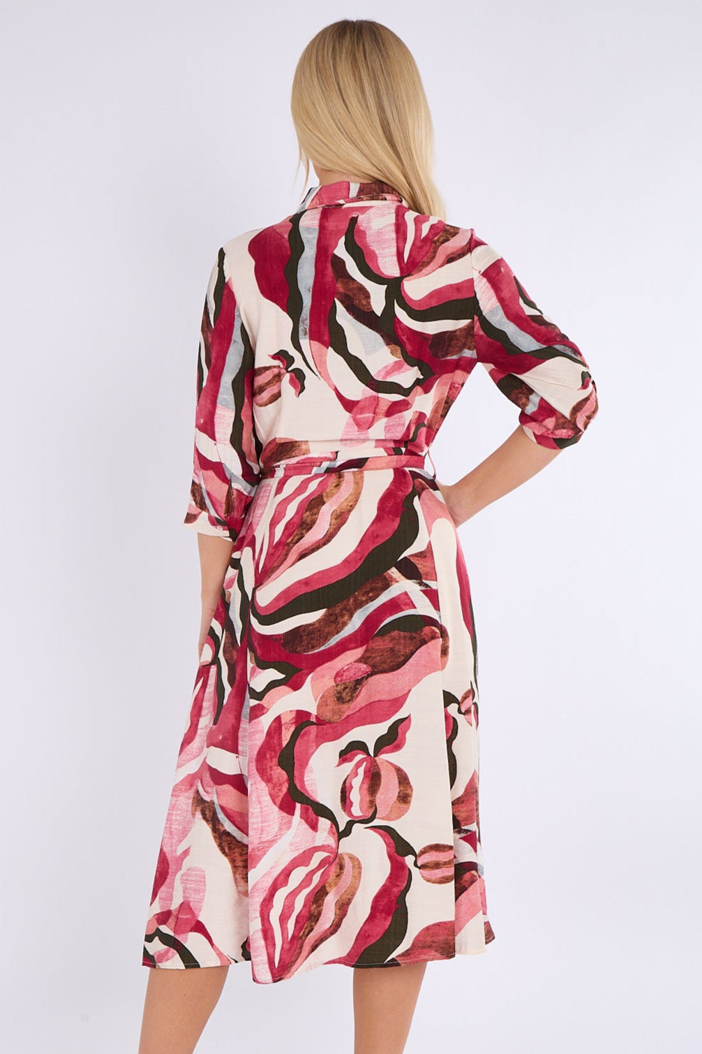 8Pcs Berry and Pink Pattern Print Midi Shirt Dress