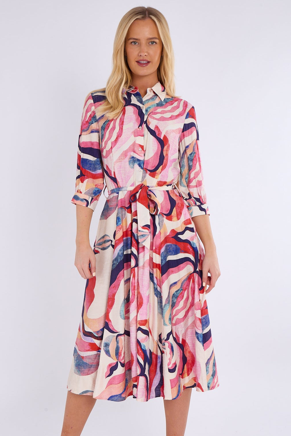 8Pcs Blue and Pink Pattern Print Midi Shirt Dress