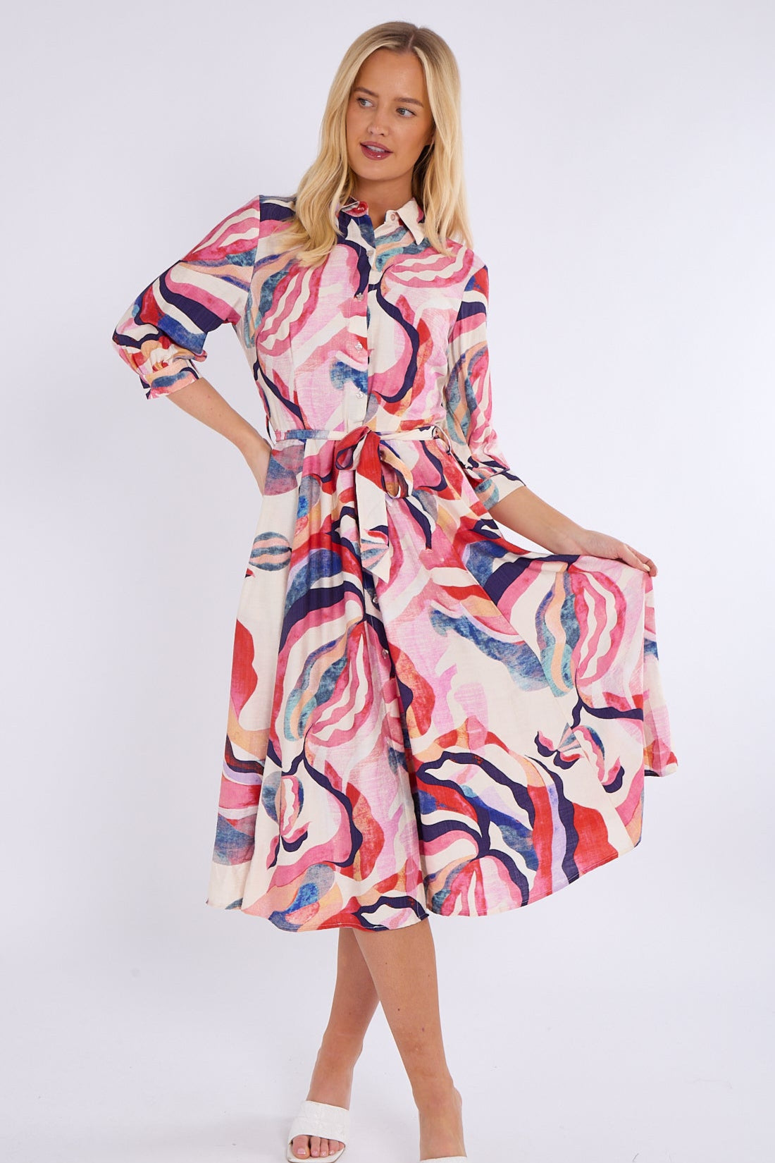 8Pcs Blue and Pink Pattern Print Midi Shirt Dress